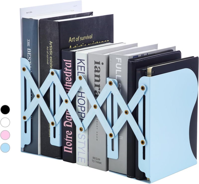 MG Adjustable Bookends Book Ends for Shelves, Metal Bookend for Heavy Books, Desk Magazine File Organizer Holder Extends up to 20in, Book Stopper for Home, Office, Classroom (Blue) - Image 1